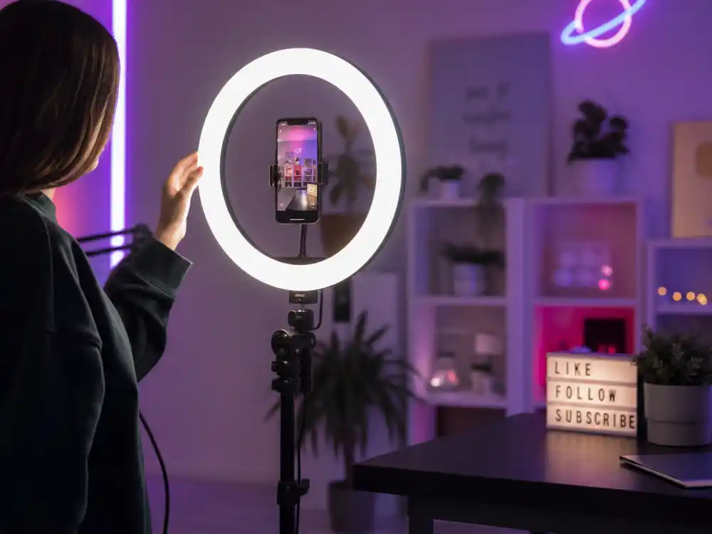 TikTok ring light studio setup for Hollywood nepo babies youngest generation social media debut lane editorial without identifiable faces