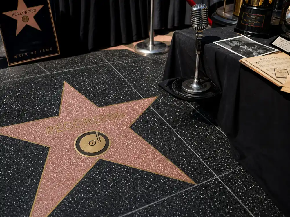 Recording category musicians on the Hollywood Walk of Fame 2026 honorees list — phonograph emblem stars and music industry tribute display