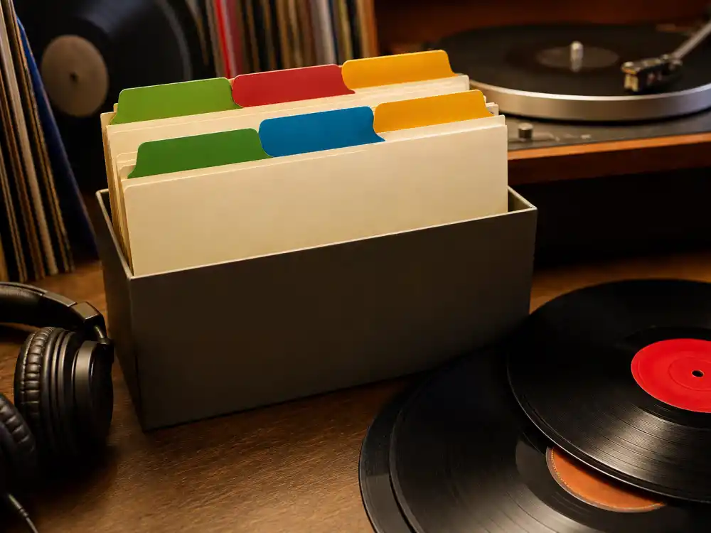 Color-coded genre field folders and vinyl records show how are Grammy winners chosen within pop, rock, country, and R&B category silos