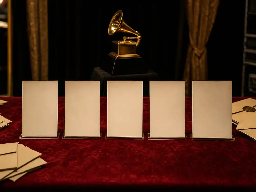 Nominee cards and sealed envelopes on a velvet podium represent the first nomination round in how are Grammy winners chosen voting