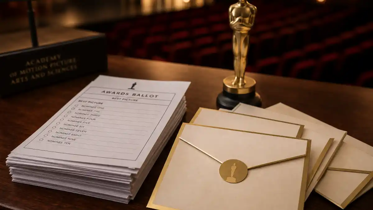 How are Oscar winners chosen voting explained — Academy ballots and sealed envelopes on a desk beside a generic golden statuette silhouette