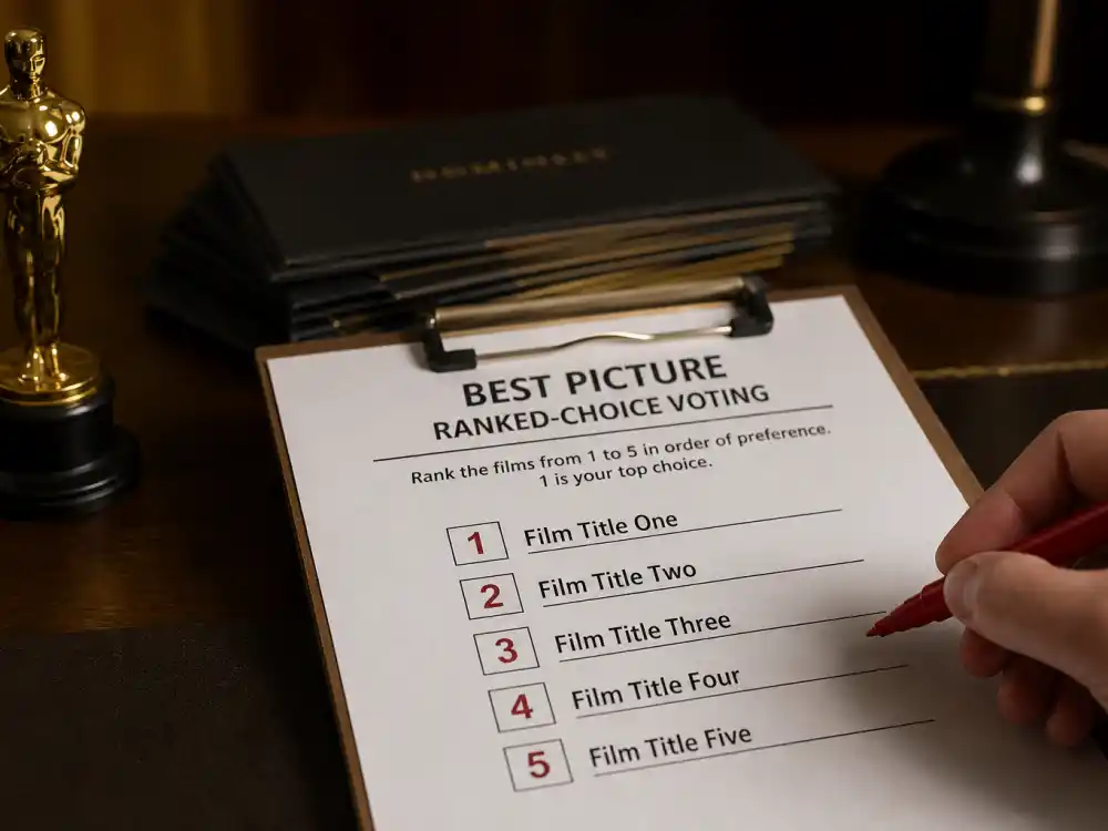 Ranked preferential Best Picture ballot showing how are Oscar winners chosen voting explained through ranked-choice elimination rounds