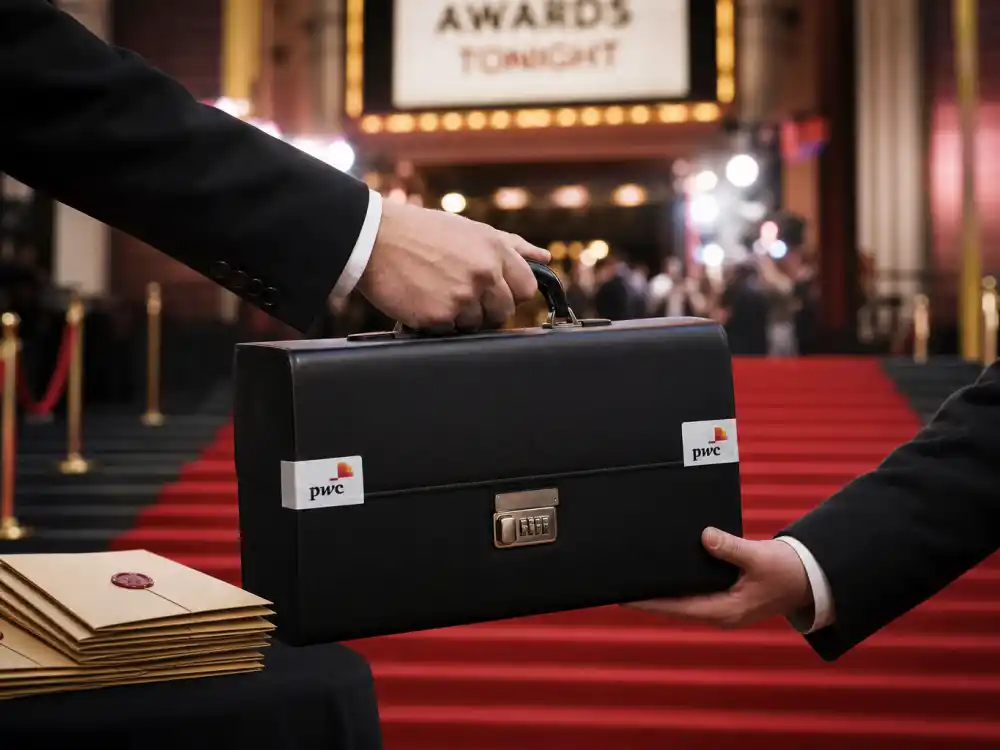 Sealed briefcase handoff with Oscar envelopes for how are Oscar winners chosen voting explained and PwC ballot security on ceremony night