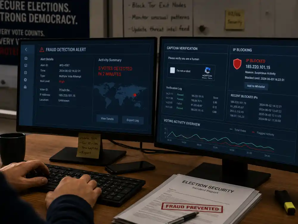 Fraud prevention cybersecurity desk for how are Peoples Choice Awards winners chosen — CAPTCHA verification and bot detection on dual monitors