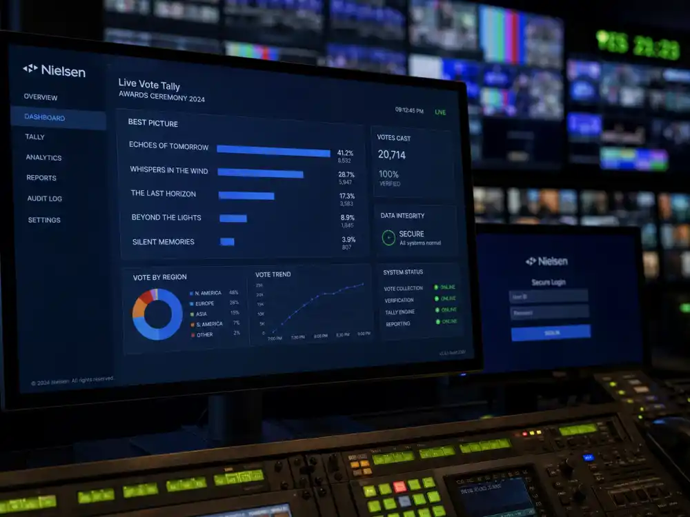 Nielsen voting platform dashboard for how are Peoples Choice Awards winners chosen — secure vote tally monitors in broadcast control room