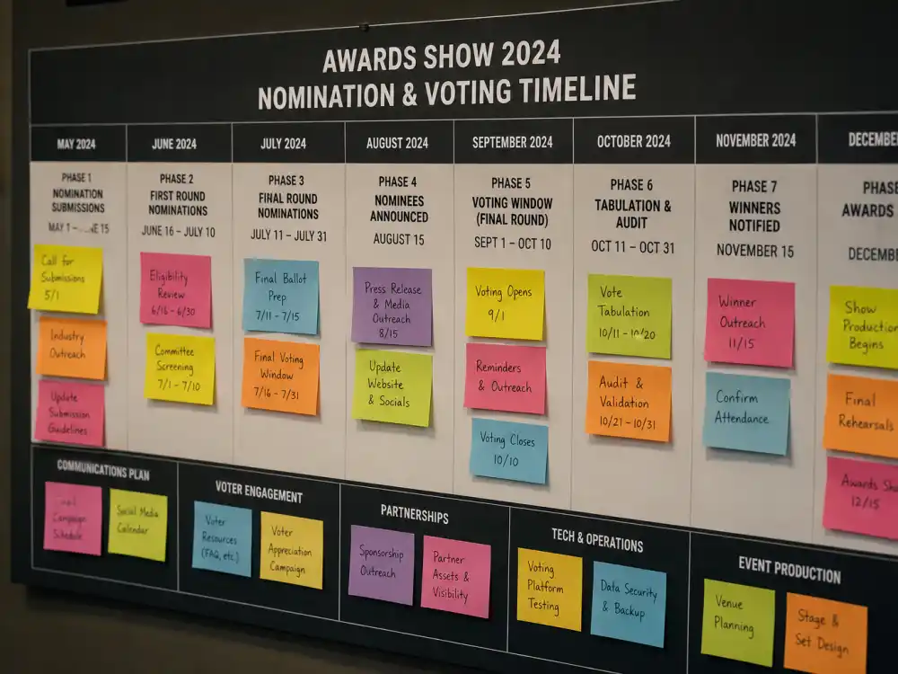Nomination phases timeline board for how are Peoples Choice Awards winners chosen — sticky notes marking voting windows and nominee research