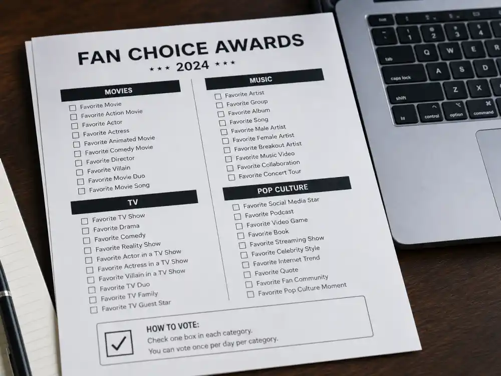 People's Choice Awards voting categories ballot for how are Peoples Choice Awards winners chosen — movie TV music and pop culture checkboxes on desk