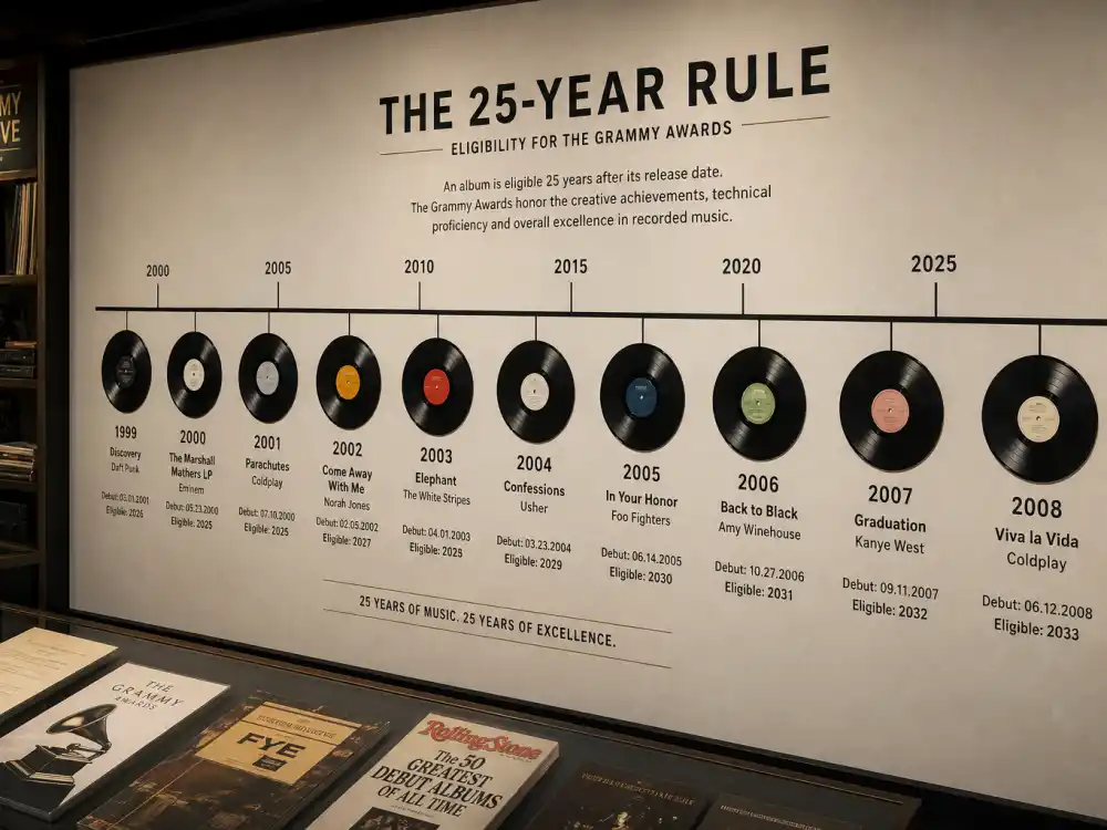Twenty-five year eligibility timeline for how are Rock Hall inductees chosen — vinyl debut dates marked on museum archive calendar wall