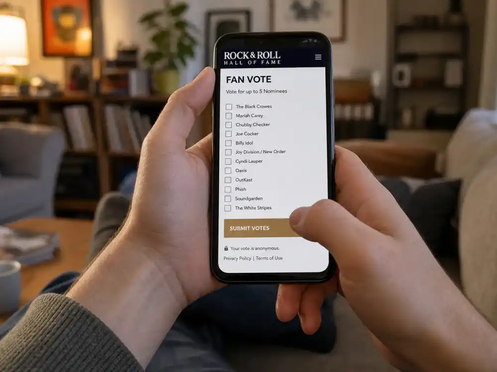 Official Rock Hall fan vote ballot on smartphone for how are Rock Hall inductees chosen — anonymous voter casting online induction pick at home