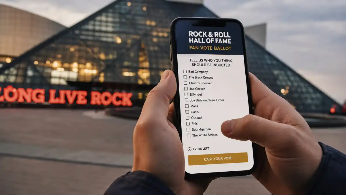 How are Rock Hall inductees chosen — anonymous fan hands holding smartphone with official Rock and Roll Hall of Fame fan vote ballot outside Cleveland museum