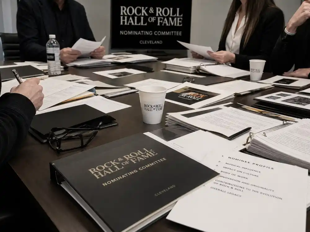 Rock Hall nominating committee meeting for how are Rock Hall inductees chosen — anonymous music executives reviewing artist nomination documents