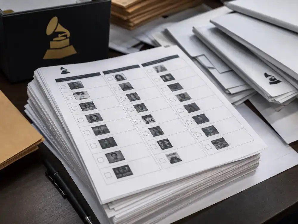 Printed Rock Hall voters ballot envelopes for how are Rock Hall inductees chosen — five hundred plus industry ballots stacked for induction tally