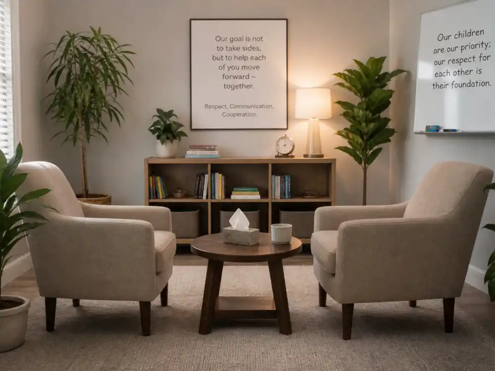 Mediation office for conscious uncoupling how celebrity exes co-parent peacefully amicable divorce co-parent lane editorial without identifiable faces