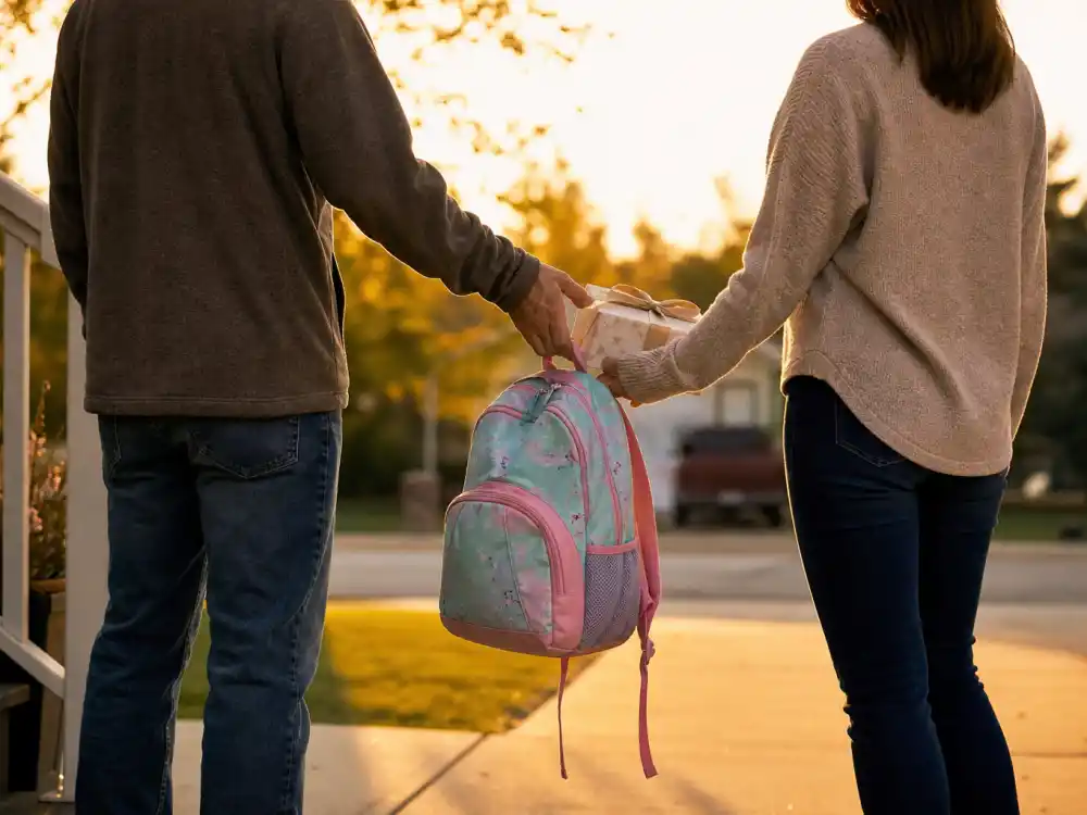 Holiday custody handoff driveway scene for how celebrity exes co-parent peacefully Thanksgiving Christmas exchange editorial without identifiable faces