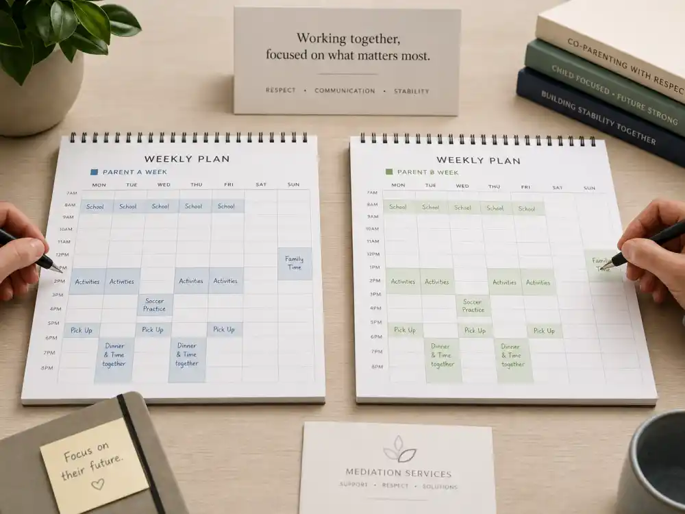 Parallel parenting split-week planners for how celebrity exes co-parent peacefully with separate household calendars editorial without identifiable faces