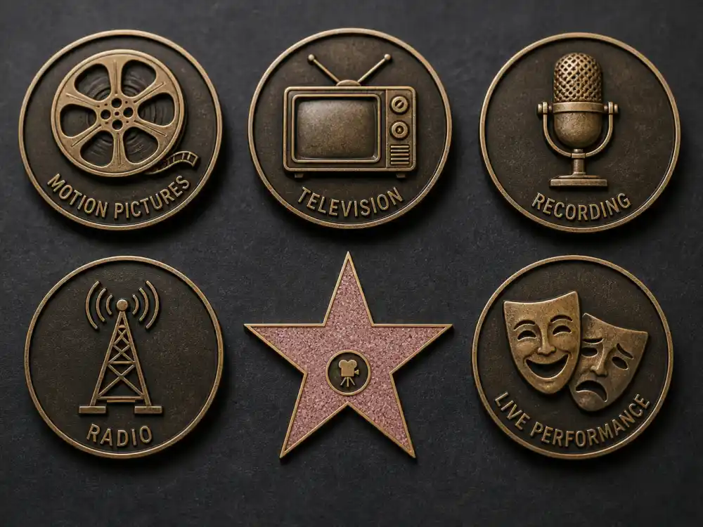Five Hollywood Walk of Fame category emblems for Motion Pictures Television Recording Radio and Live Performance in how do celebrities get a Hollywood Walk of Fame star guide