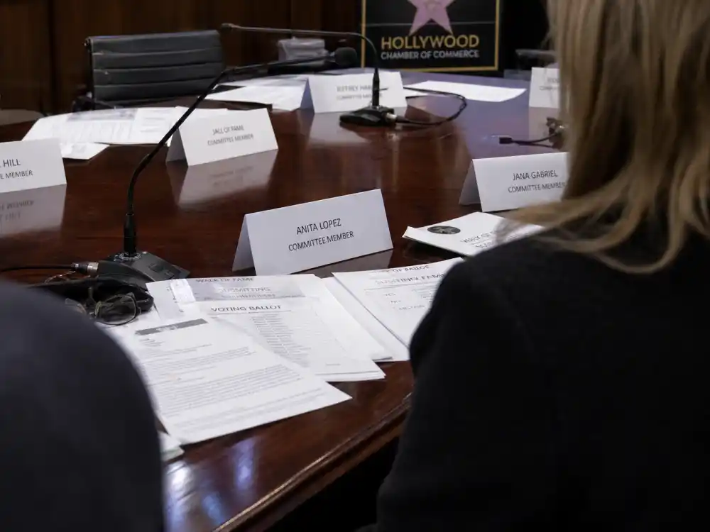 Hollywood Chamber of Commerce selection committee meeting table with ballots for how do celebrities get a Hollywood Walk of Fame star vote