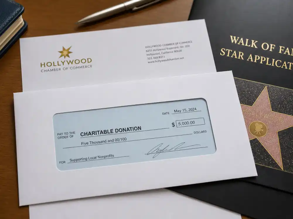 Sponsorship payment documents and Chamber letterhead for how do celebrities get a Hollywood Walk of Fame star $55,000 fee paid by fan club or studio