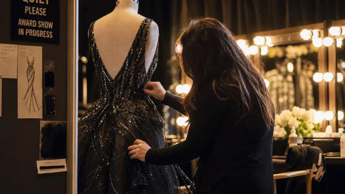 How do celebrities prepare for award shows — backstage dressing room with stylist adjusting formal gown on dress form before red carpet arrivals
