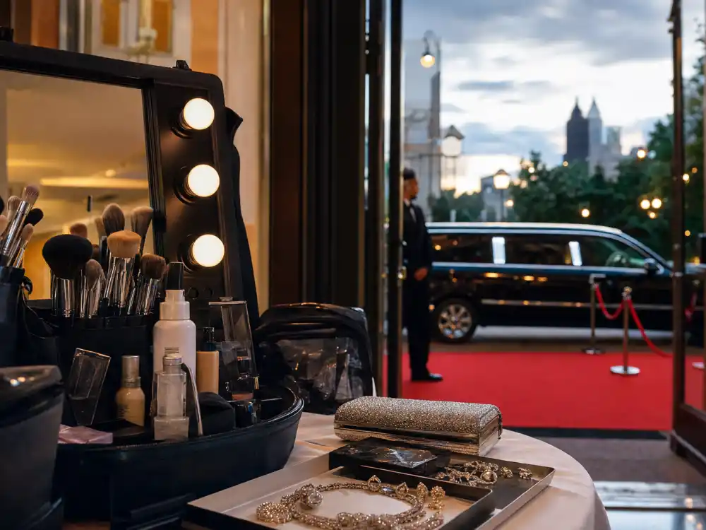 Makeup vanity jewelry tray and limousine outside hotel at dusk for how do celebrities prepare for award shows red carpet timeline