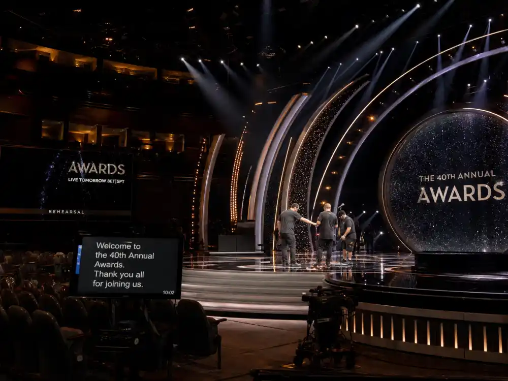 Empty award show theater stage with rehearsal lighting and teleprompter for how do celebrities prepare for award shows technical walkthrough
