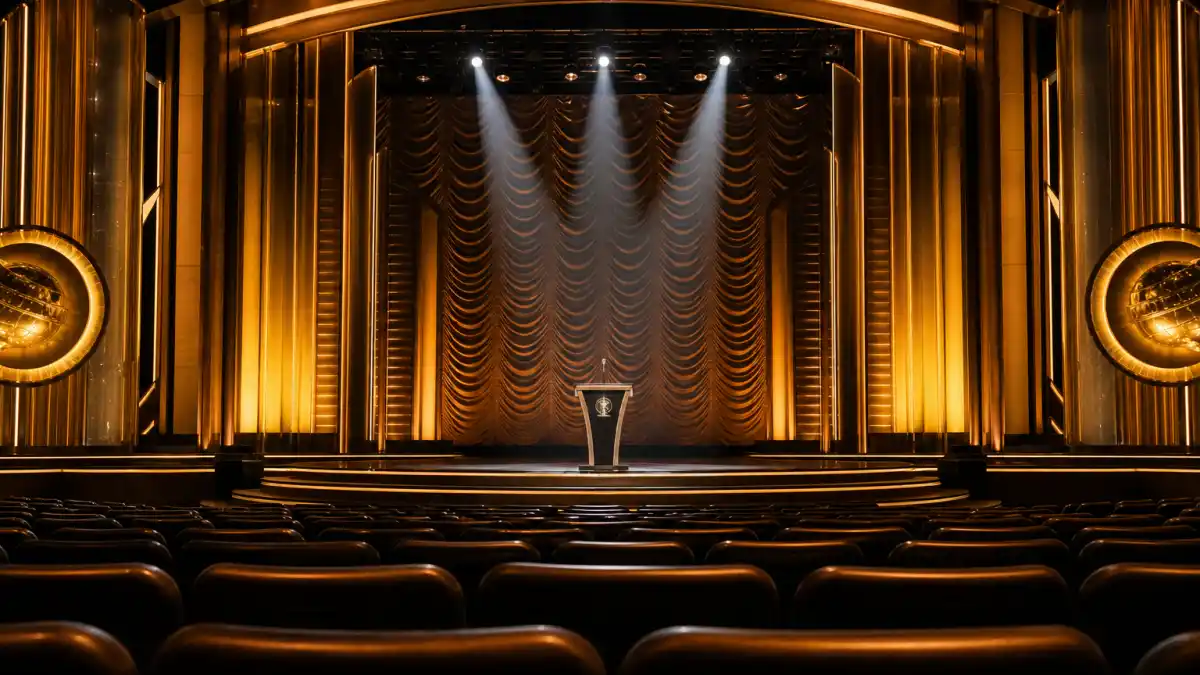 How long is the Oscars ceremony — spotlit awards theatre stage with podium and microphone under dramatic golden lighting