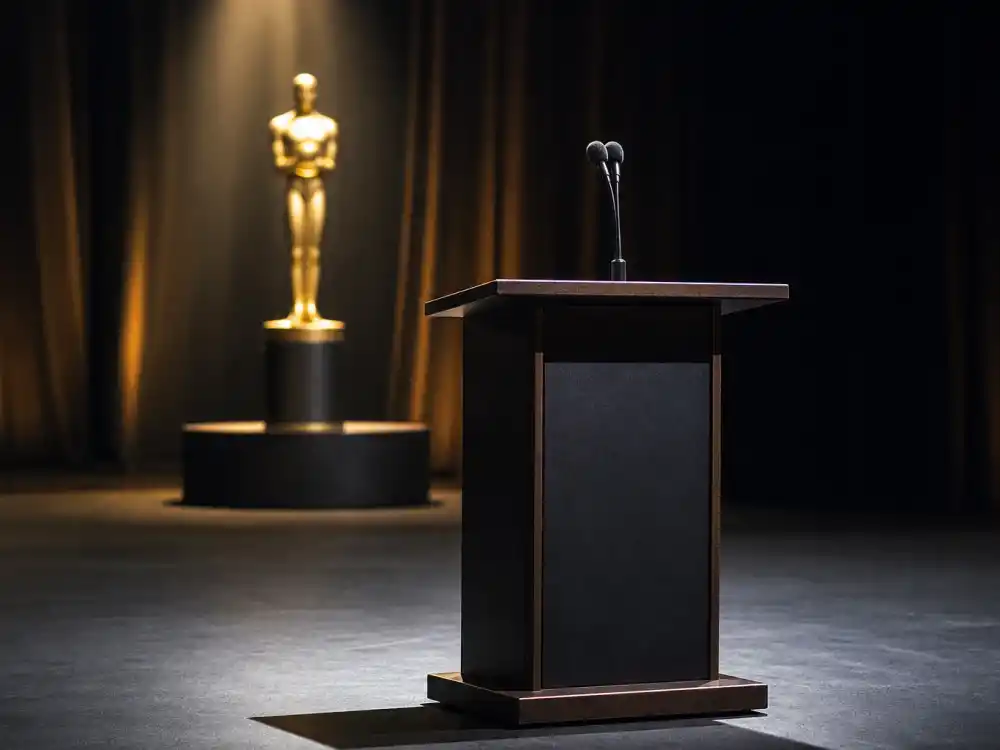 Awards ceremony podium with microphone where acceptance speeches extend how long is the Oscars ceremony each year