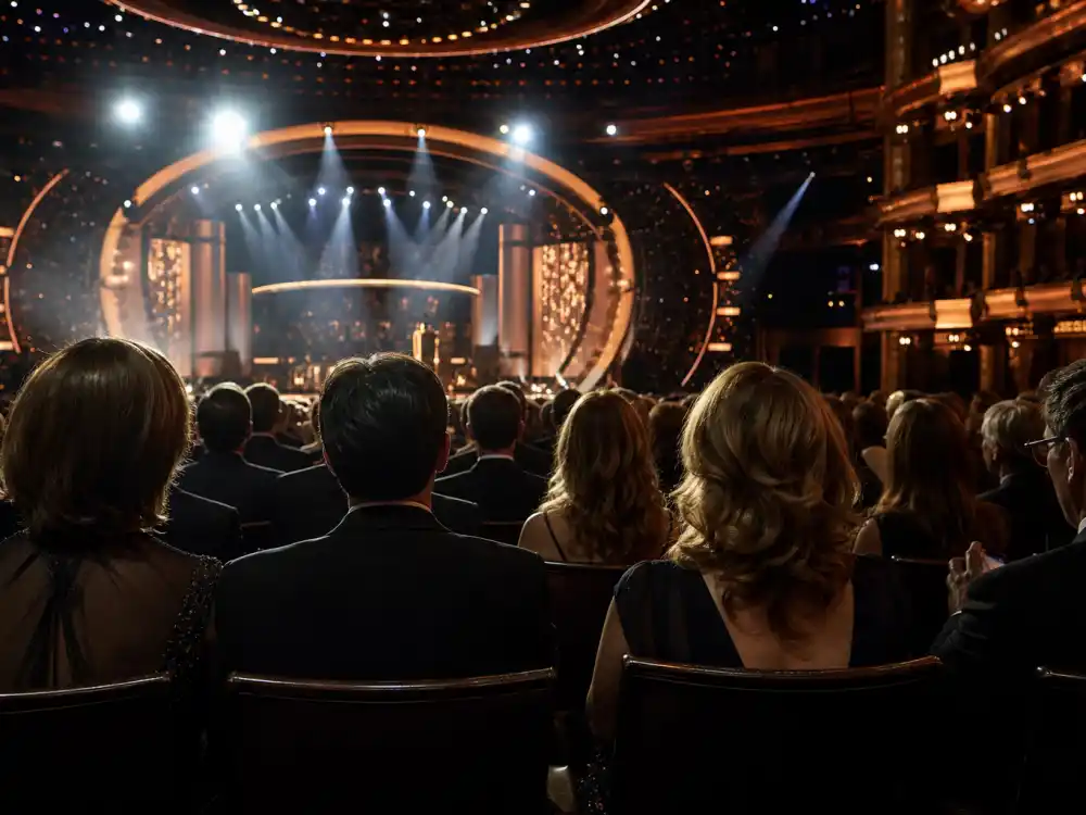 Formal awards theatre audience in evening wear seen from behind during how long is the Oscars ceremony runtime