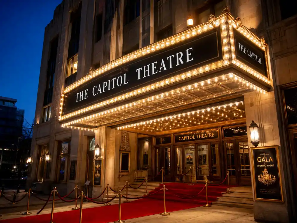 Grand theatre exterior at night where how long is the Oscars ceremony unfolds inside the Dolby Theatre broadcast