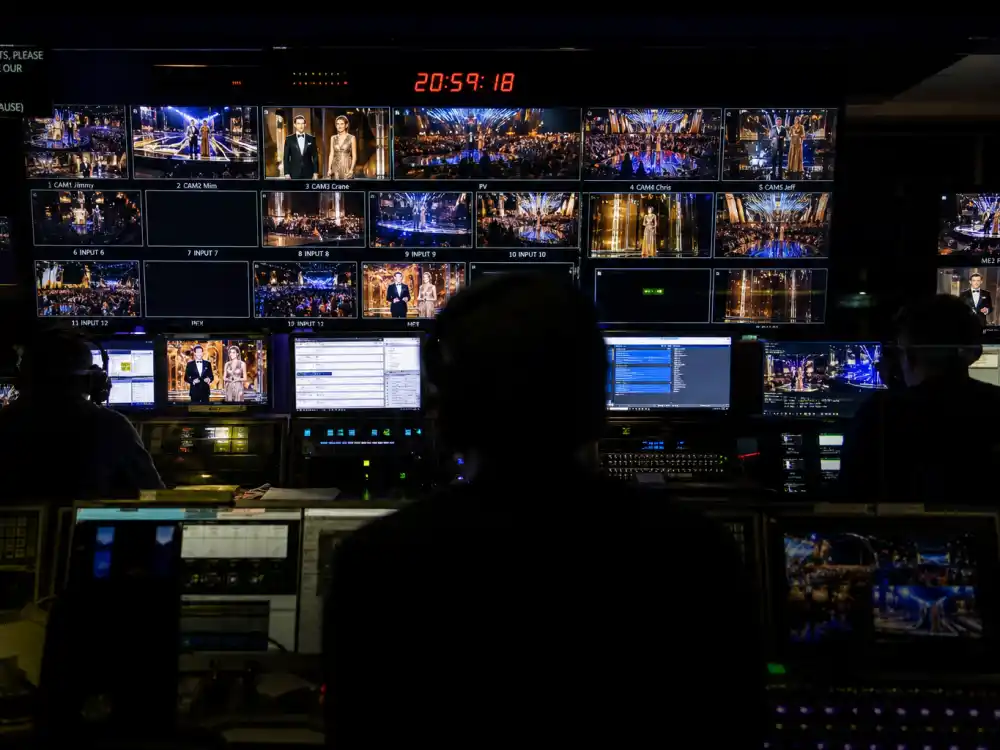 Television broadcast control room monitors tracking how long is the Oscars ceremony during the live ABC telecast