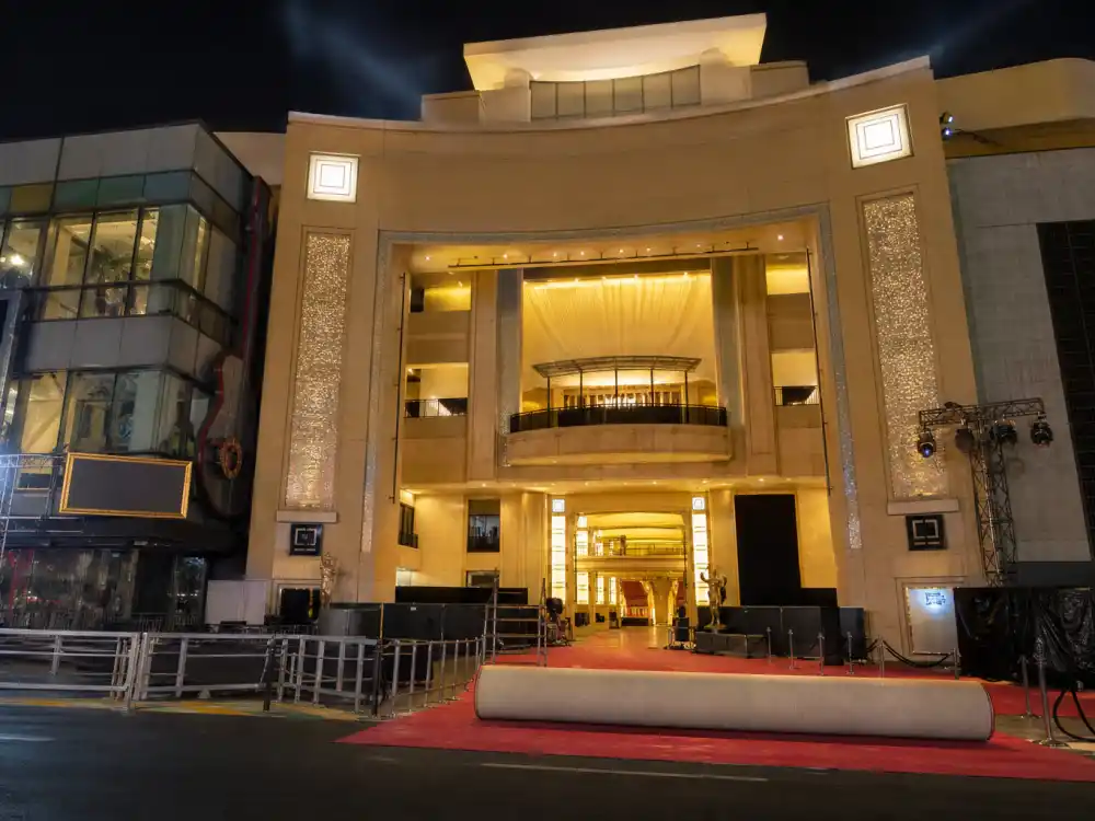 Hollywood theater exterior at night with red carpet rollout for how much do the Oscars cost to produce venue rental and Dolby Theatre logistics