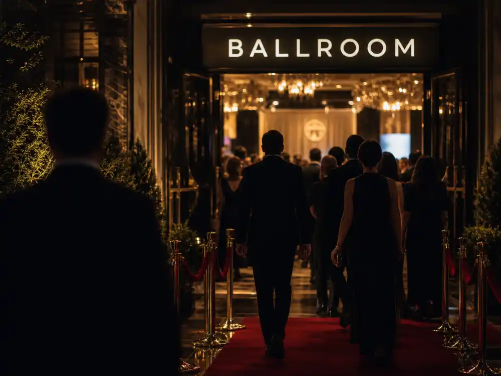 Luxury hotel ballroom after-party entrance with velvet rope — how much does it cost to attend award shows beyond the main telecast ceremony