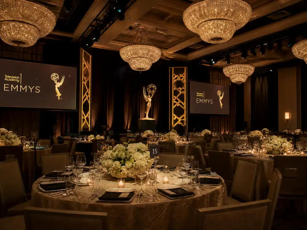 Emmy-style ballroom with round dinner tables and chandeliers — how much does it cost to attend award shows at television industry galas