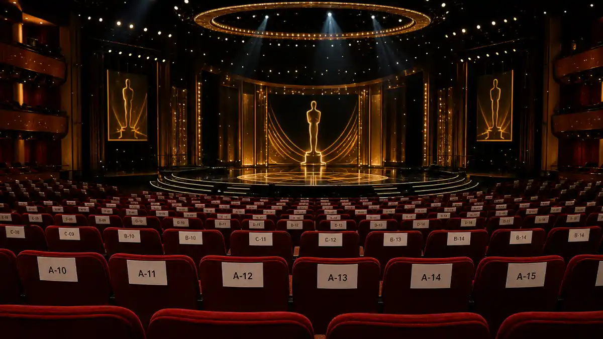 How much does it cost to attend award shows — empty red velvet orchestra seats facing a golden awards stage in a grand theater auditorium