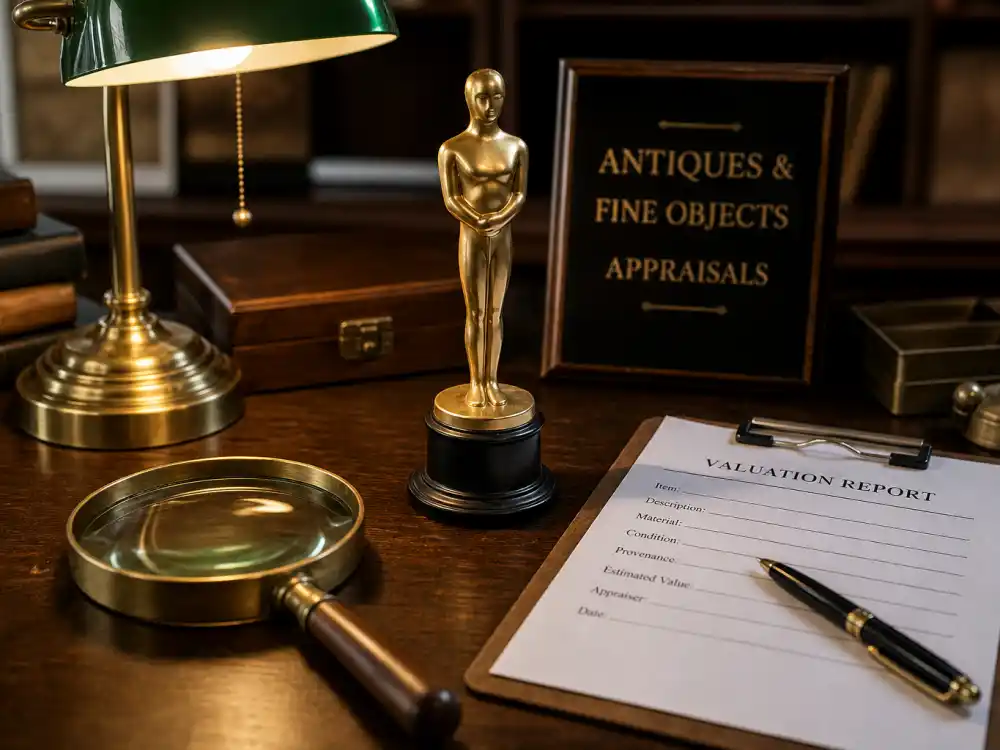 Insurance appraisal desk with magnifying glass examining how much is an Oscar statue worth on paper for collectors