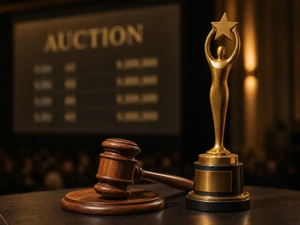 How much is an Oscar statue worth at auction — wooden gavel beside generic golden film award trophy on dark auction block