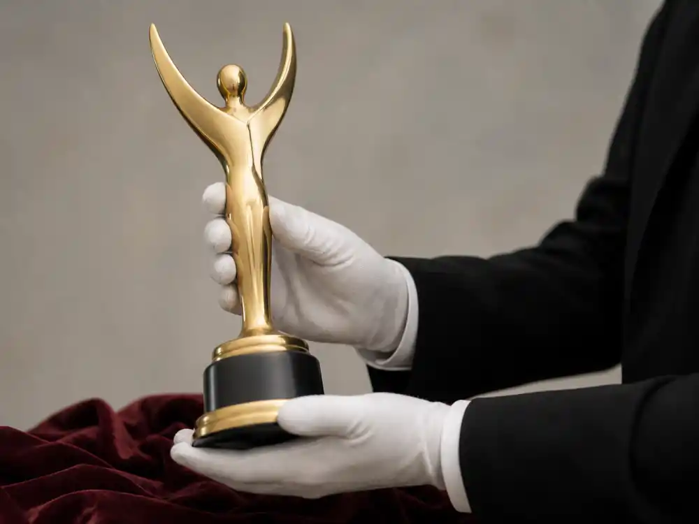 White-gloved hands holding generic golden award statuette — how much is an Oscar statue worth in priceless career prestige