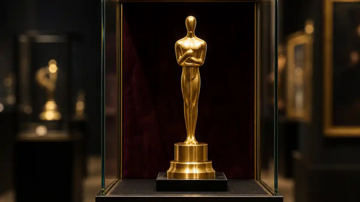 How much is an Oscar statue worth — generic golden film award statuette displayed in a museum glass case under spotlight