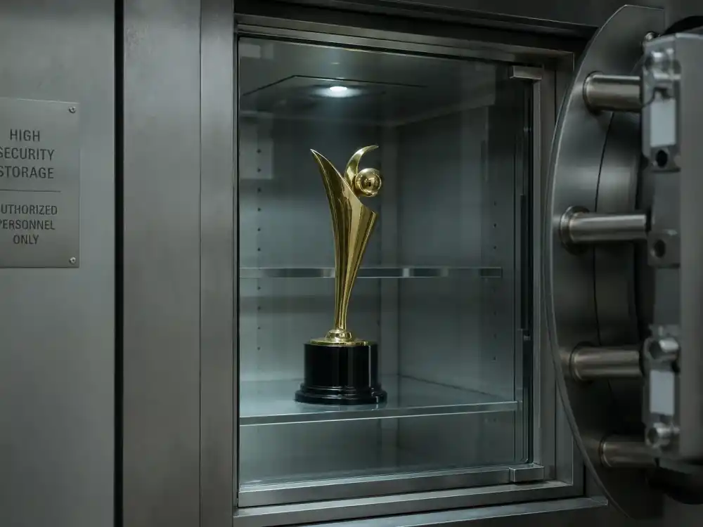 Bank vault secure display holding golden film award trophy when estimating how much is an Oscar statue worth for insurance