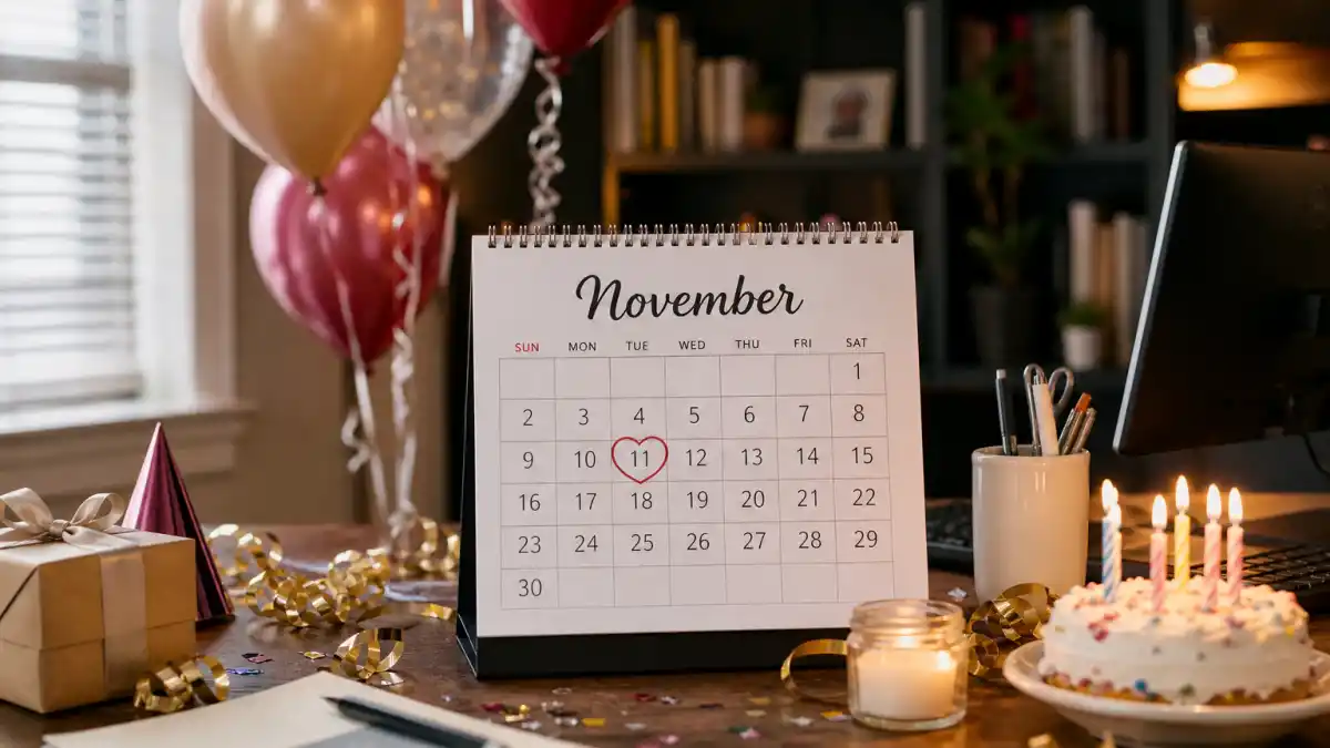 How old is Adam Driver — desk calendar open to November with birthday decorations marking his Scorpio birth date