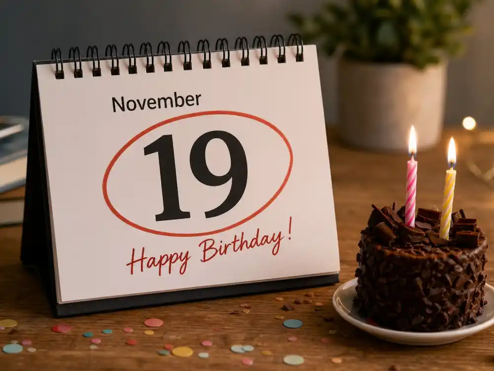 November 19 birthday calendar and candles marking how old is Adam Driver each year when fans celebrate his Scorpio birth date