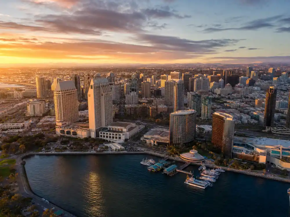 San Diego California skyline evoking how old is Adam Driver birthplace — the city where Adam Douglas Driver was born on November 19, 1983