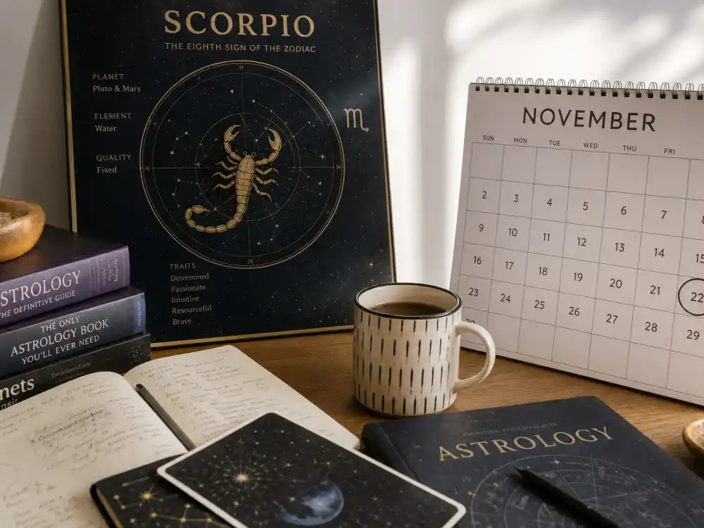 Scorpio zodiac chart beside November calendar for how old is Adam Driver — November 19 birth date places him under the Scorpio sign in Western astrology