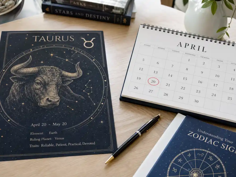 Taurus zodiac chart beside April calendar for how old is Ana de Armas — April 30 birth date places her under the Taurus sign in Western astrology
