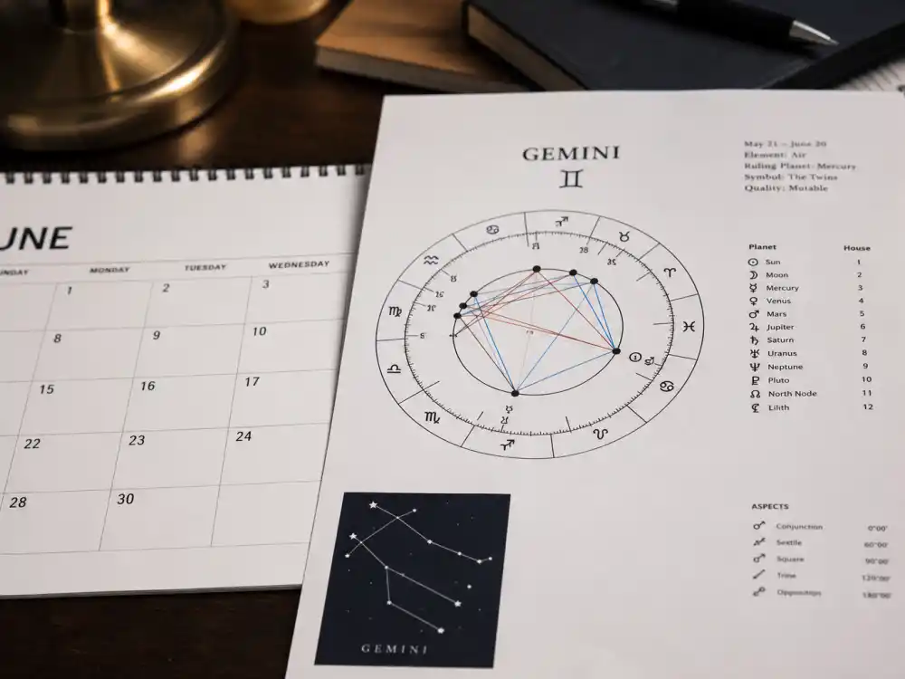Gemini zodiac chart beside June calendar for how old is Angelina Jolie — June 4 birth date places her under the Gemini sign in Western astrology