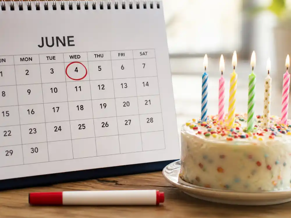 June 4 birthday calendar and candles marking how old is Angelina Jolie each year when fans celebrate her Gemini birth date