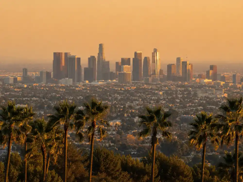 Los Angeles California skyline evoking how old is Angelina Jolie birthplace — the city where Angelina Jolie Voight was born on June 4, 1975