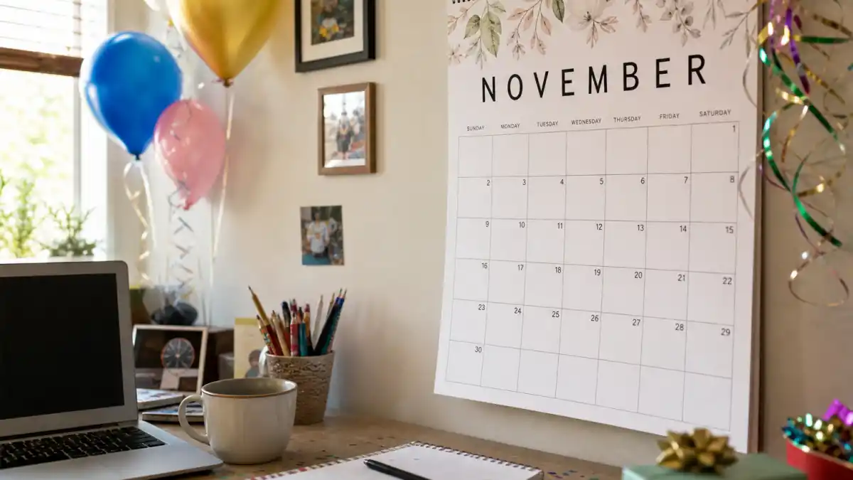 How old is Anne Hathaway — desk calendar open to November with birthday decorations marking her Scorpio birth date