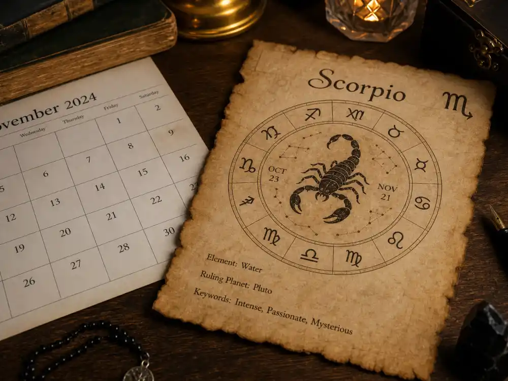 Scorpio zodiac chart beside November calendar for how old is Anne Hathaway — November 12 birth date places her under the Scorpio sign in Western astrology