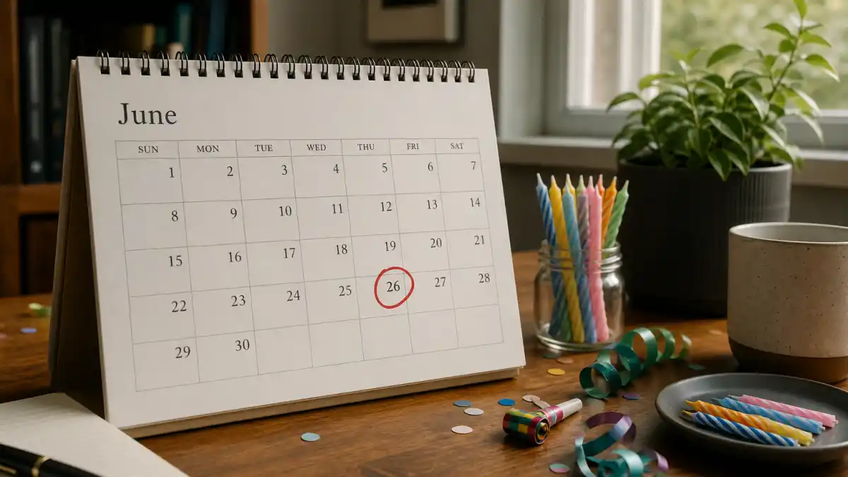 How old is Ariana Grande — desk calendar open to June 26 with birthday candles marking her Cancer zodiac birth date
